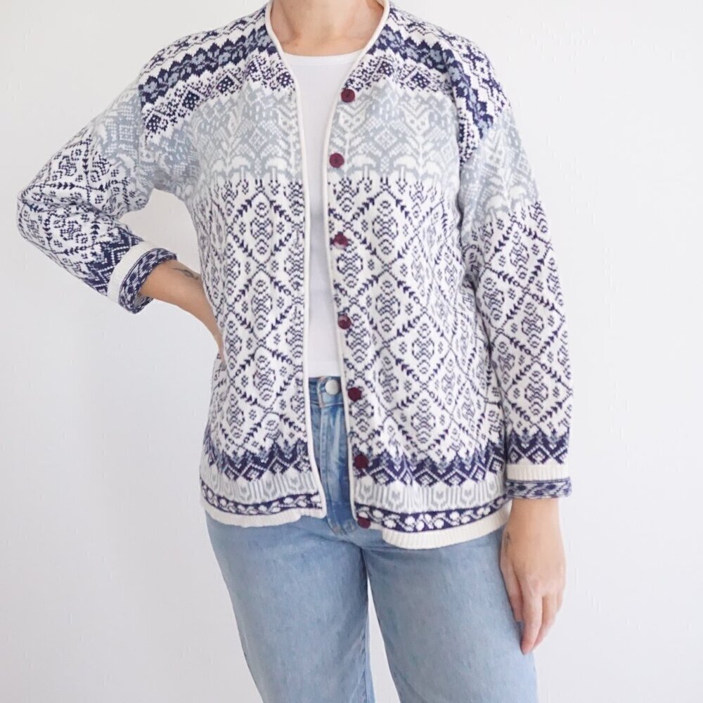 Vintage Santa Barbara Navy White Knit Cotton Grandma Button Cardigan Sweater M